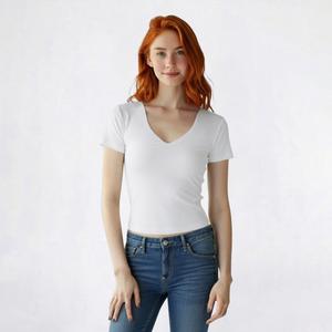 Juniors 7th & Hudson Short Sleeve V-Neck Ribbed Fitted Tee